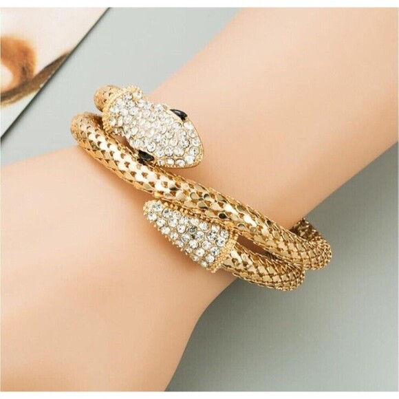 Mesh Rhinestone Snake Coil Wrap Gold Tone Bracelet Womens Designer Whimsy Goth - Picture 3 of 7